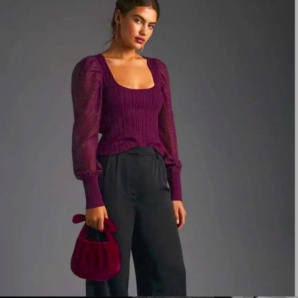 Anthropologie Plum Puff-Sleeve Square-Neck Top 3x
